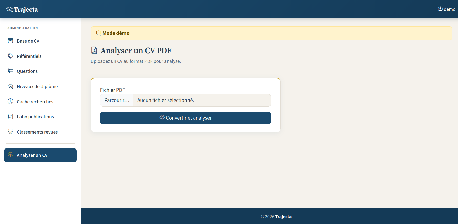 Écran de dépôt de CV au format PDF, unitaire ou en masse