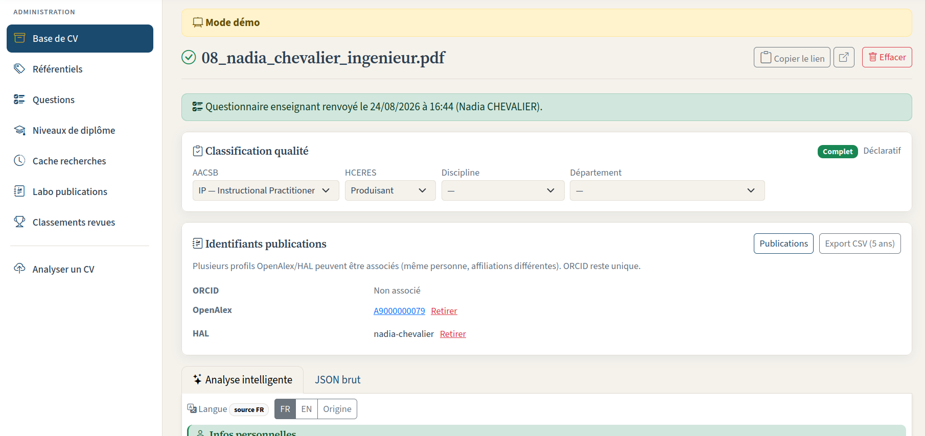 Fiche enseignant après analyse : classification qualité et identifiants