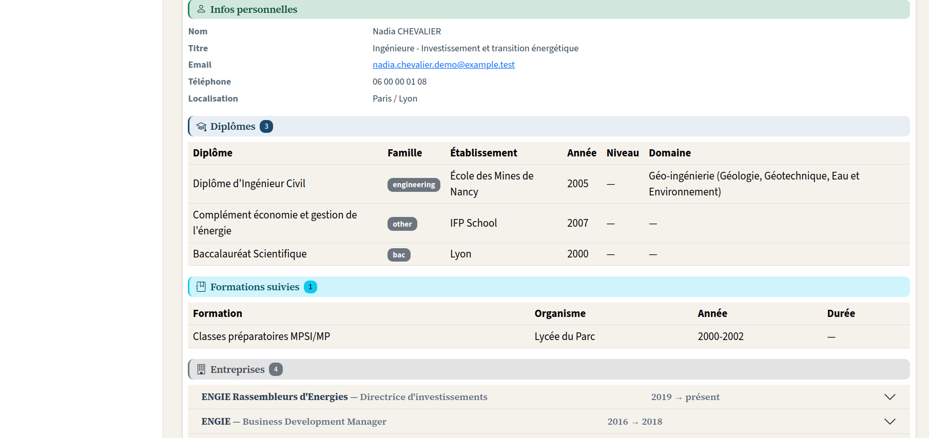Fiche structurée : identité, diplômes, formations et parcours