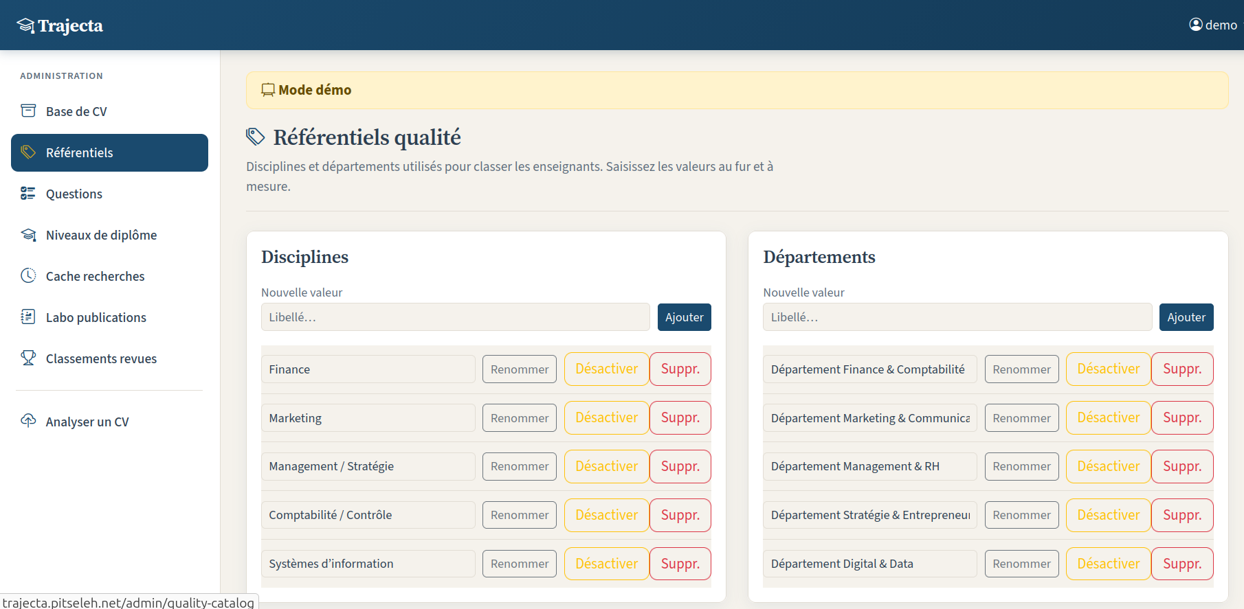 Référentiels de disciplines et de départements