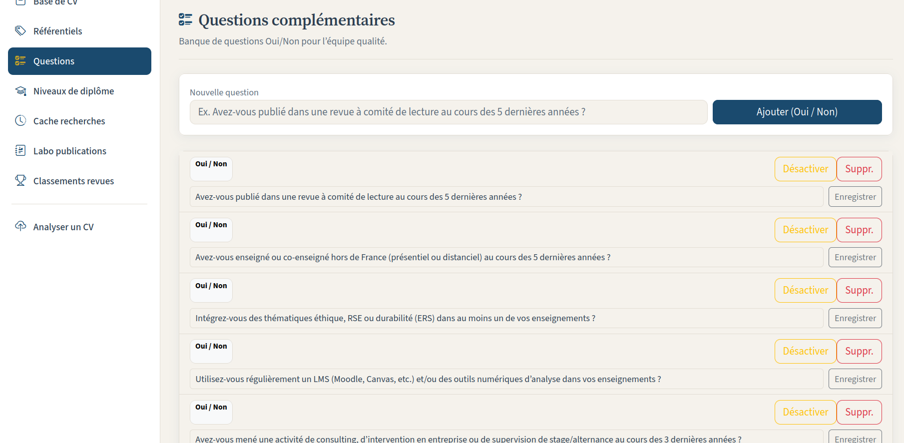 Banque de questions qualité Oui ou Non